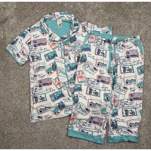 Munki Munki Womens Pajama Set L Blue Postcard Travel Print Button Top Crop Pants